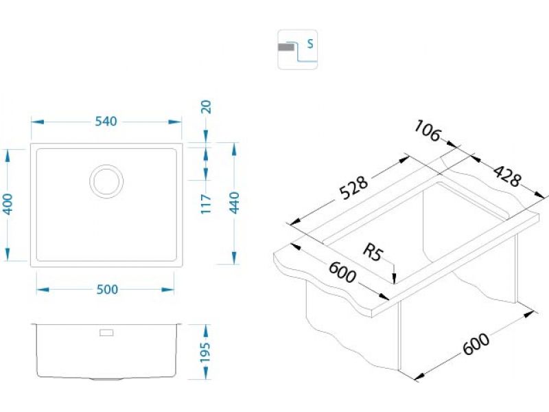 Мойка KOMBINO 50 MONARCH ANTRACITE SAT-90 542X442X195 F/S в компл. с выпуском без сифона,